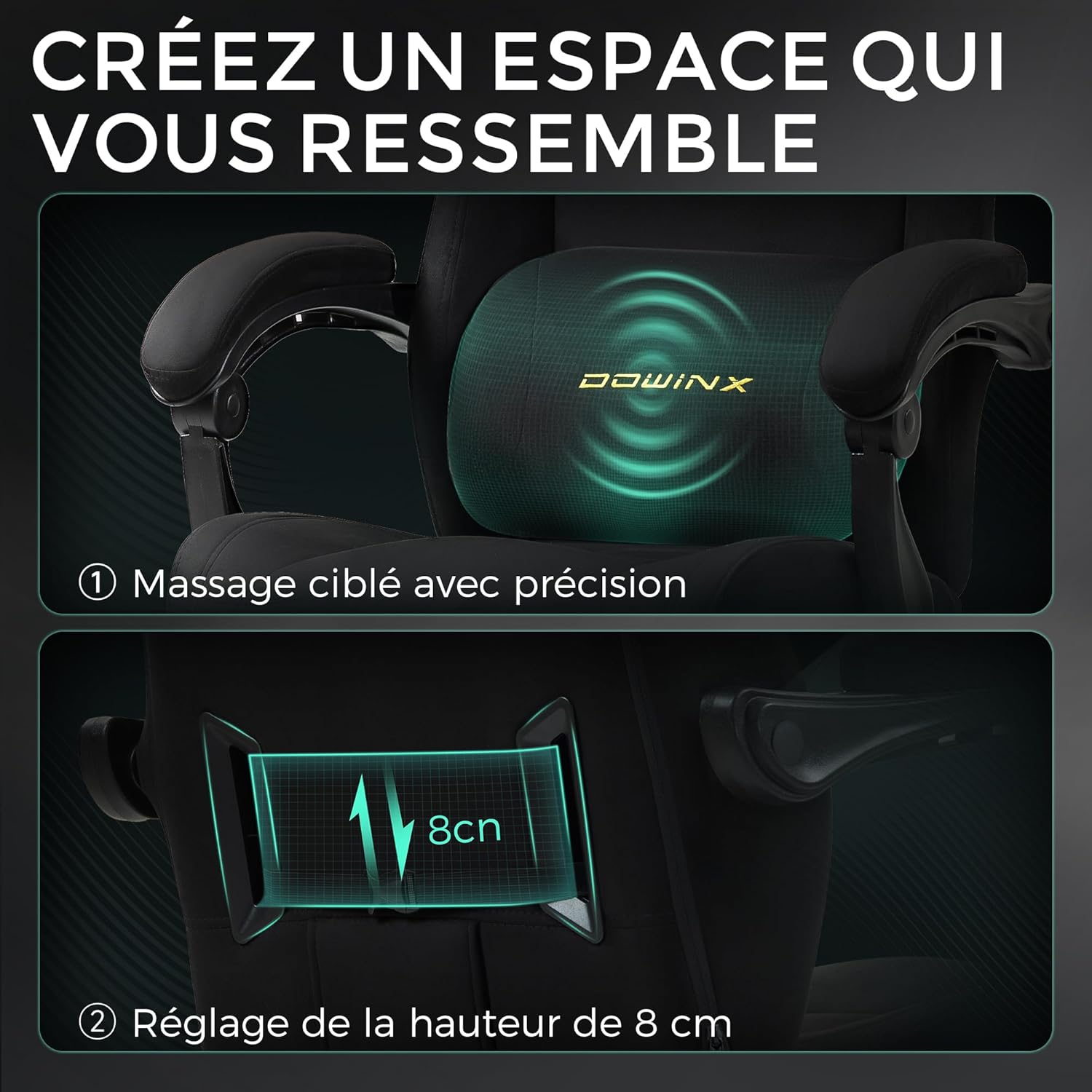 Chaise Gaming Ergonomique avec Coussin Lombaire Réglable, Repose-Pieds Rétractable, Accoudoirs Réglables