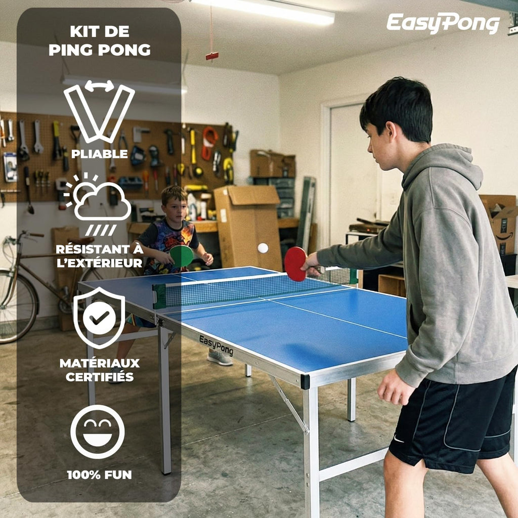 Table de Ping Pong Bleu, 182x91cm, Facile à Transporter, 2 Raquettes + 4 Balles