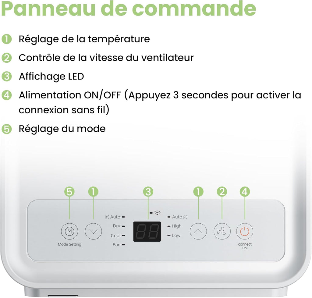 Climatiseur Mobile 9000 BTU/h 2,6kW, Contrôle APP, 3 Modes, 3 Vitesses de ventilation