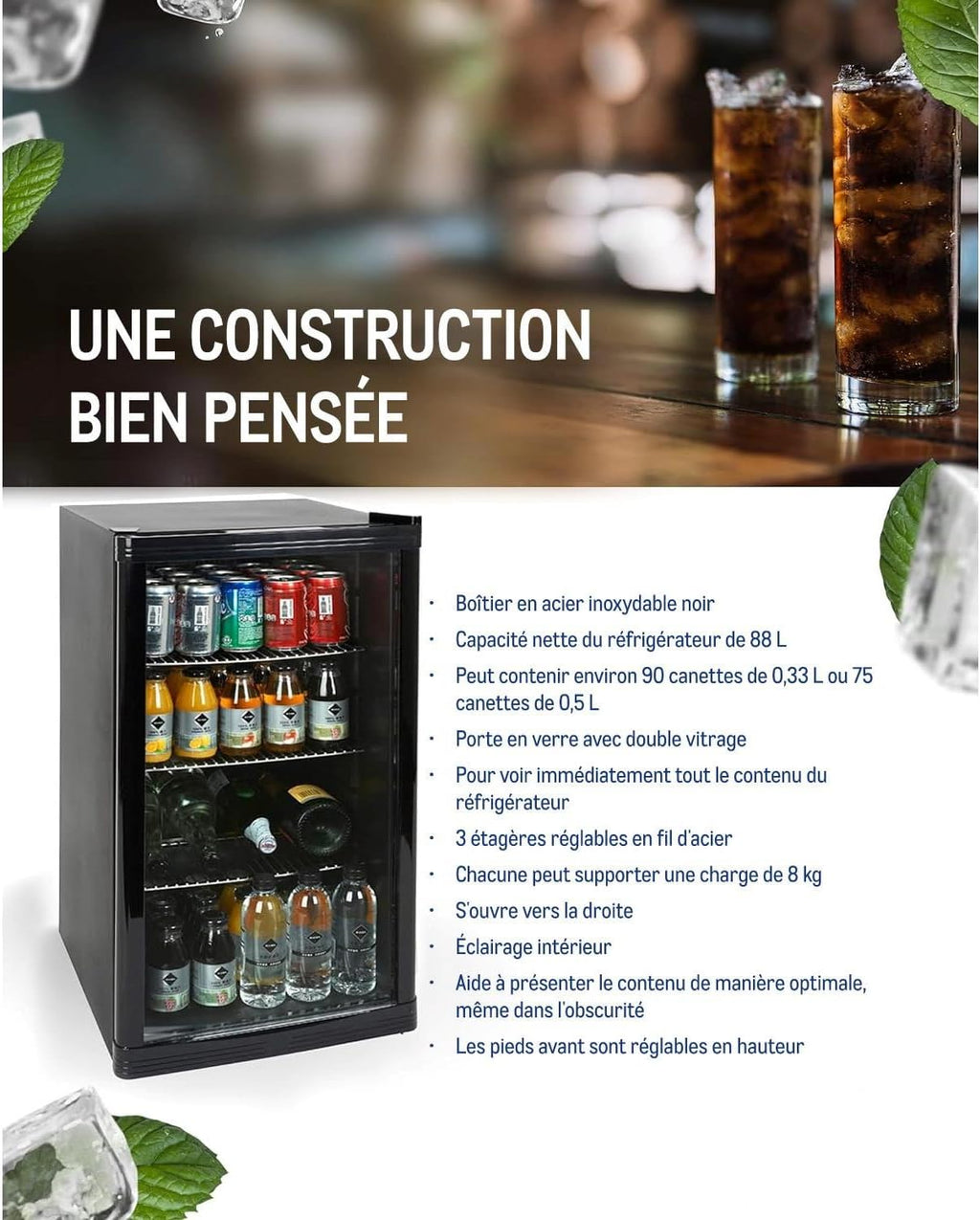 Professional Réfrigérateur à boissons GPC1088, métal/verre, 88 L, réfrigération statique