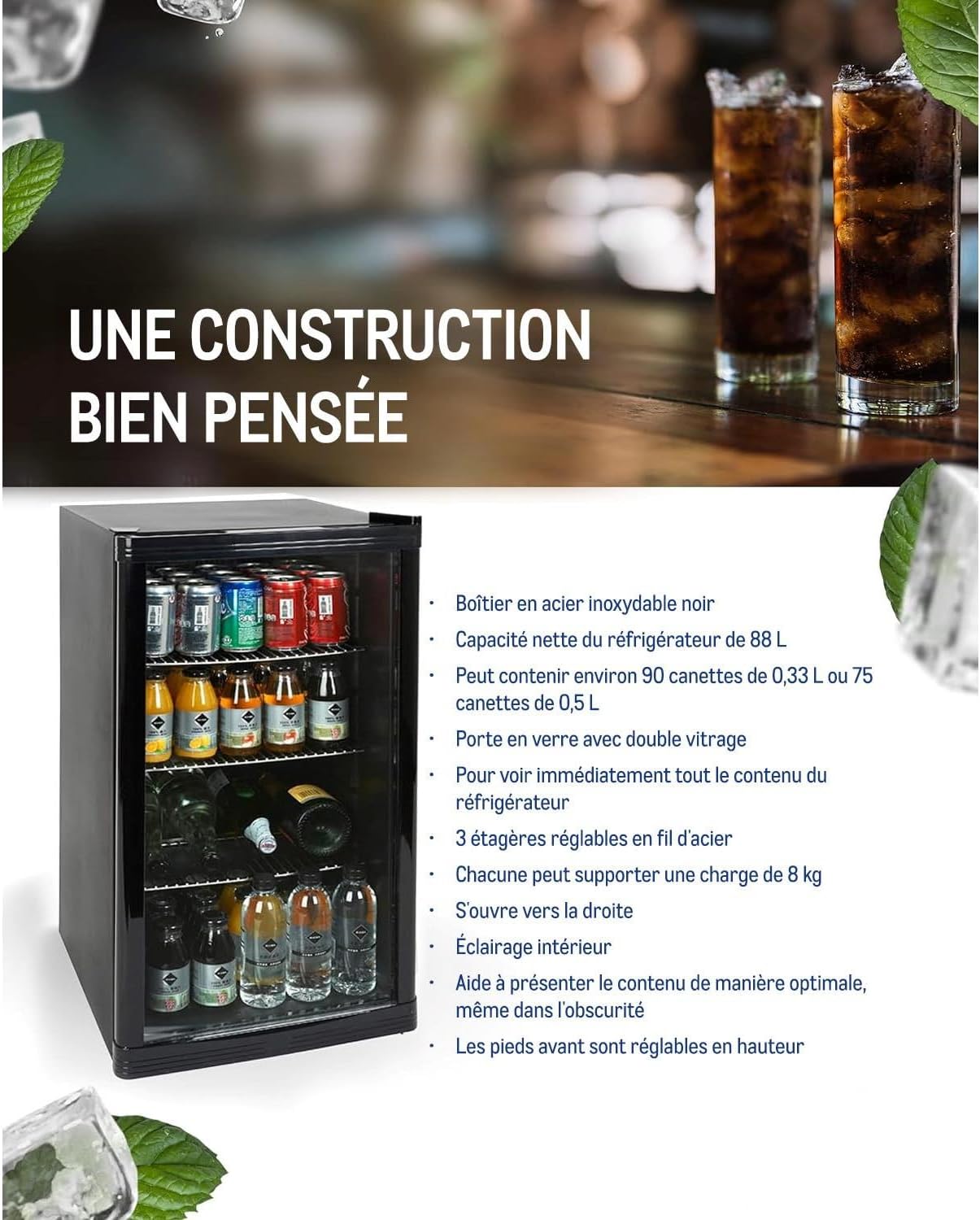 Professional Réfrigérateur à boissons GPC1088, métal/verre, 88 L, réfrigération statique