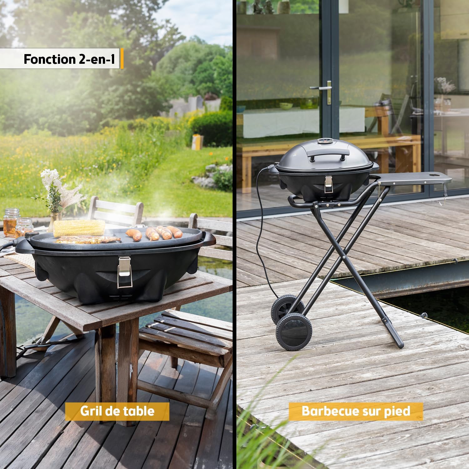 Barbecue électrique 2 en 1 de table & sol 2400W, avec thermomètre et plateau ramasse-graisse