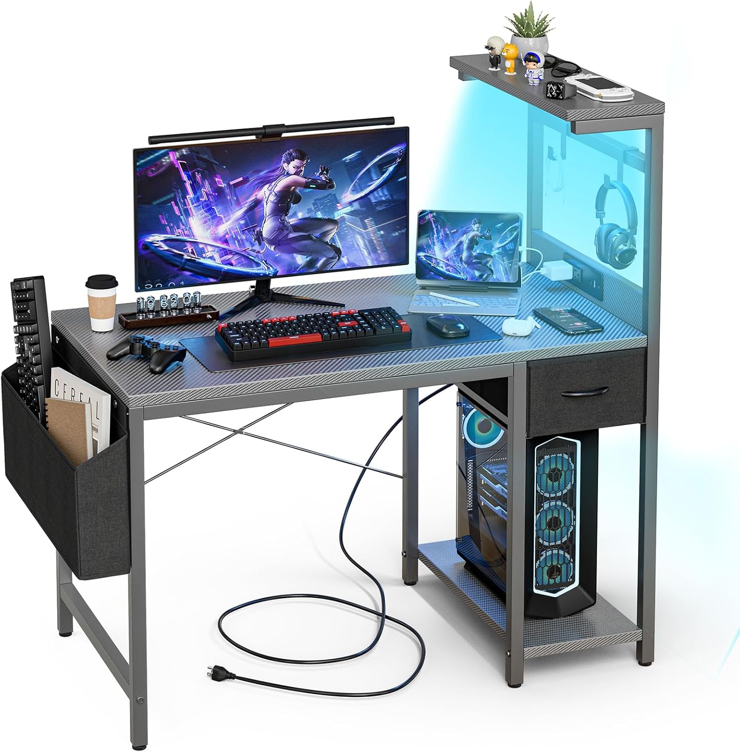 Grandder Bureau de gaming, Bureau de jeu de 120 cm avec prise de courant et éclairage LED