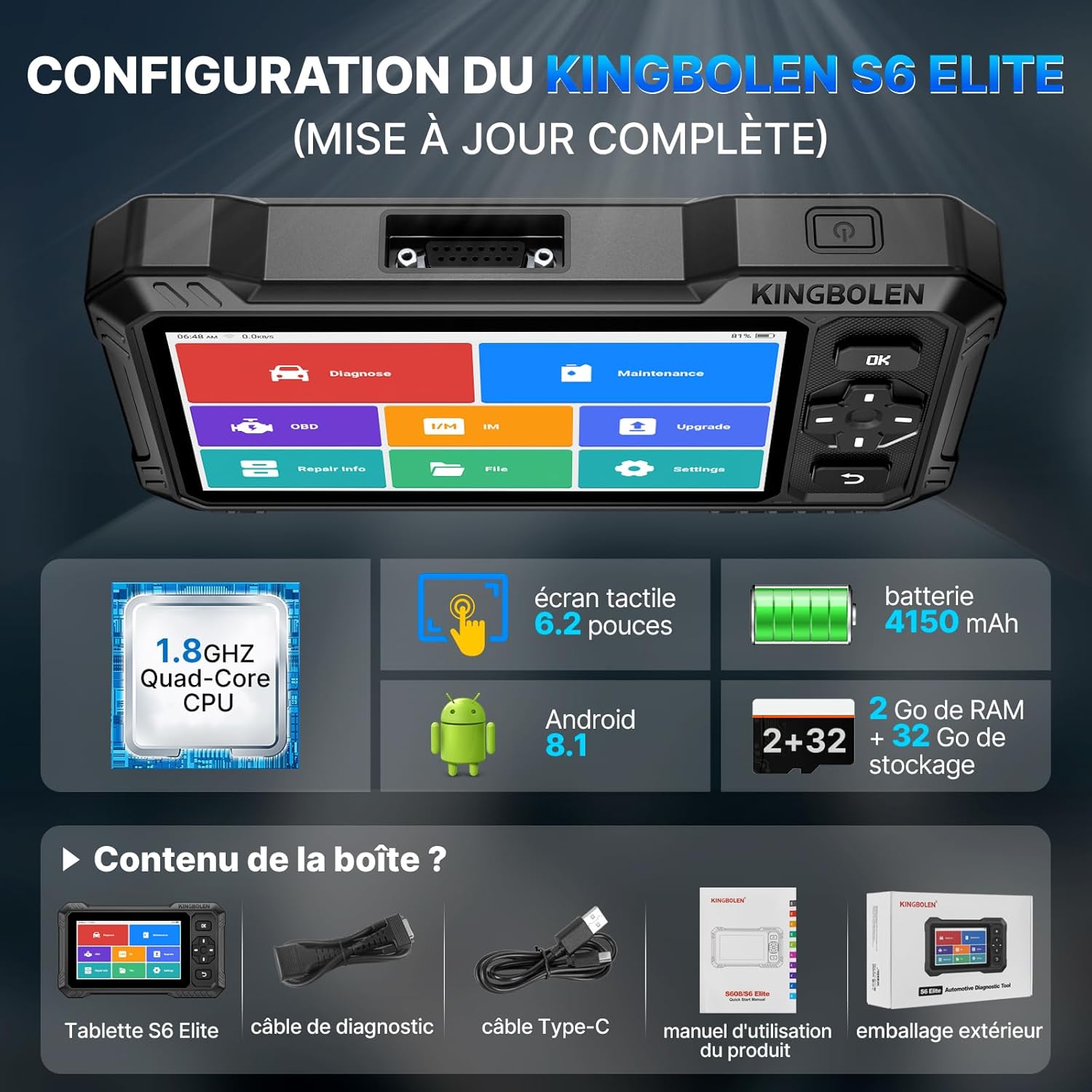 S6 Elite Valise Diagnostic Auto, OBD2 Diagnostic Français pour système Complet avec 15+ Réinitialisations