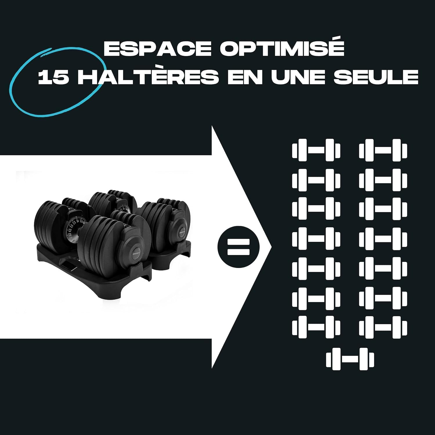 Haltères réglables Paire - 15 en 1 , avec système de verrouillage sécurisé, prise antidérapante
