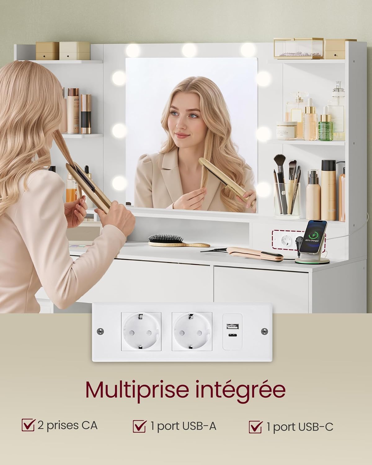 Kailyn Collection - Coiffeuse avec Miroir LED, Multiprise, 9 Tiroirs, RDT141WB02