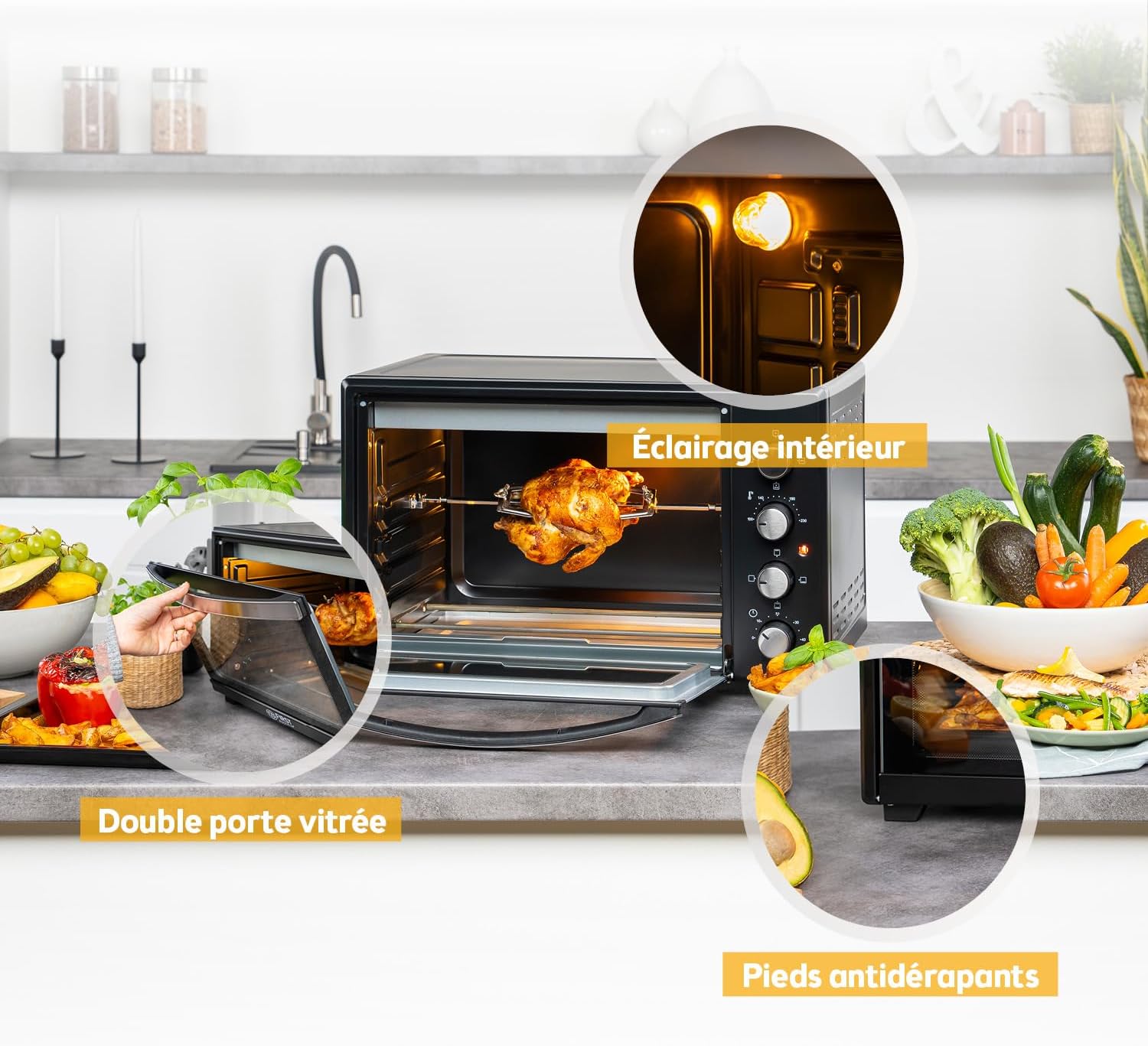 First Austria - Mini-Four 45L 2000W - Avec 4 hauteurs d'insertion, plaque, grille & tournebroche rotatif