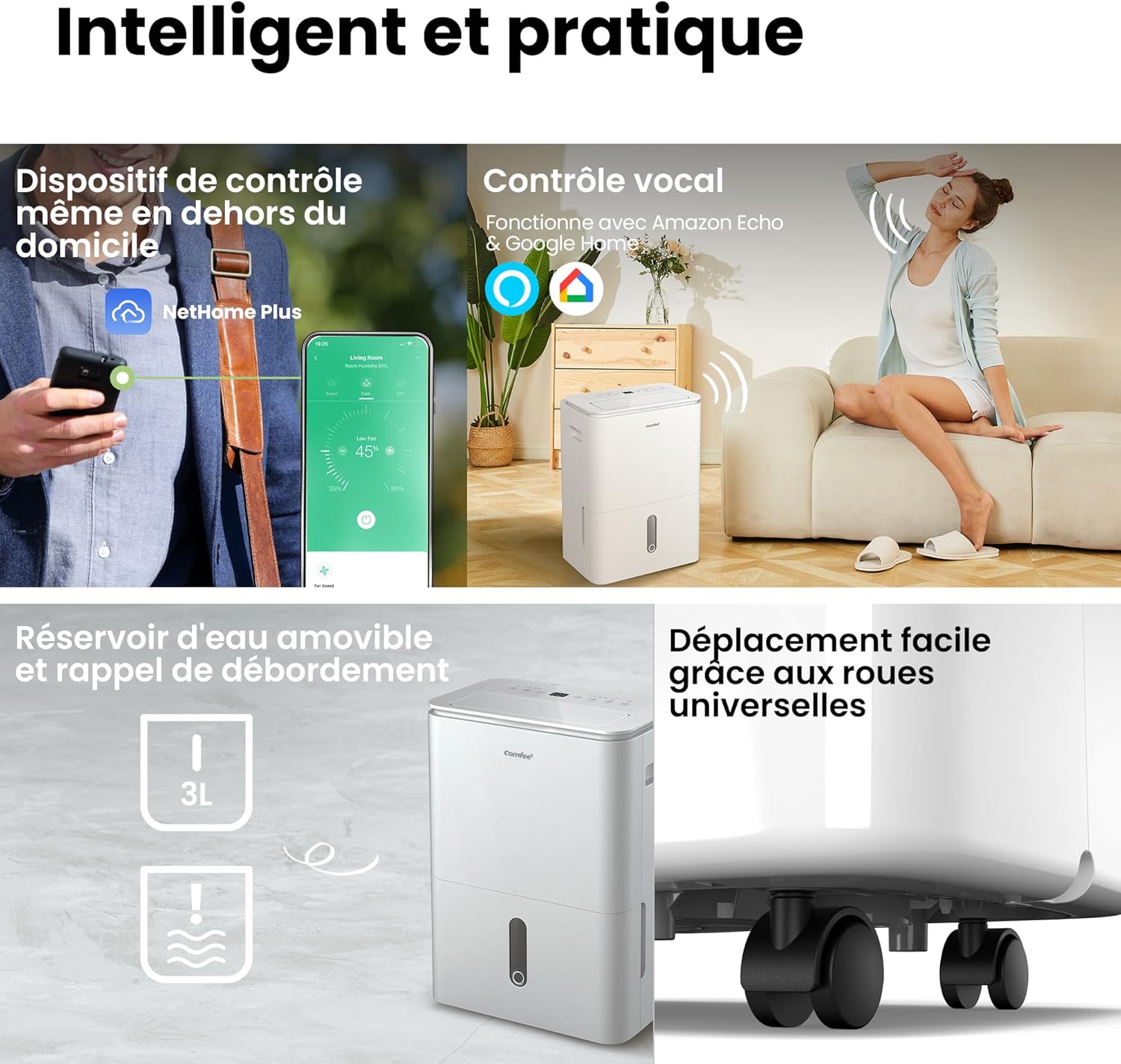 Déshumidificateur Easy Dry 20L/jour, 4 Modes, Deshumidificateur d'air Connecté, Réservoire 3L