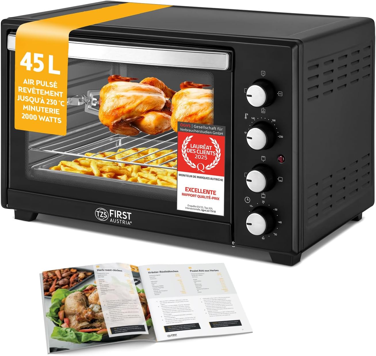 First Austria - Mini-Four 45L 2000W - Avec 4 hauteurs d'insertion, plaque, grille & tournebroche rotatif