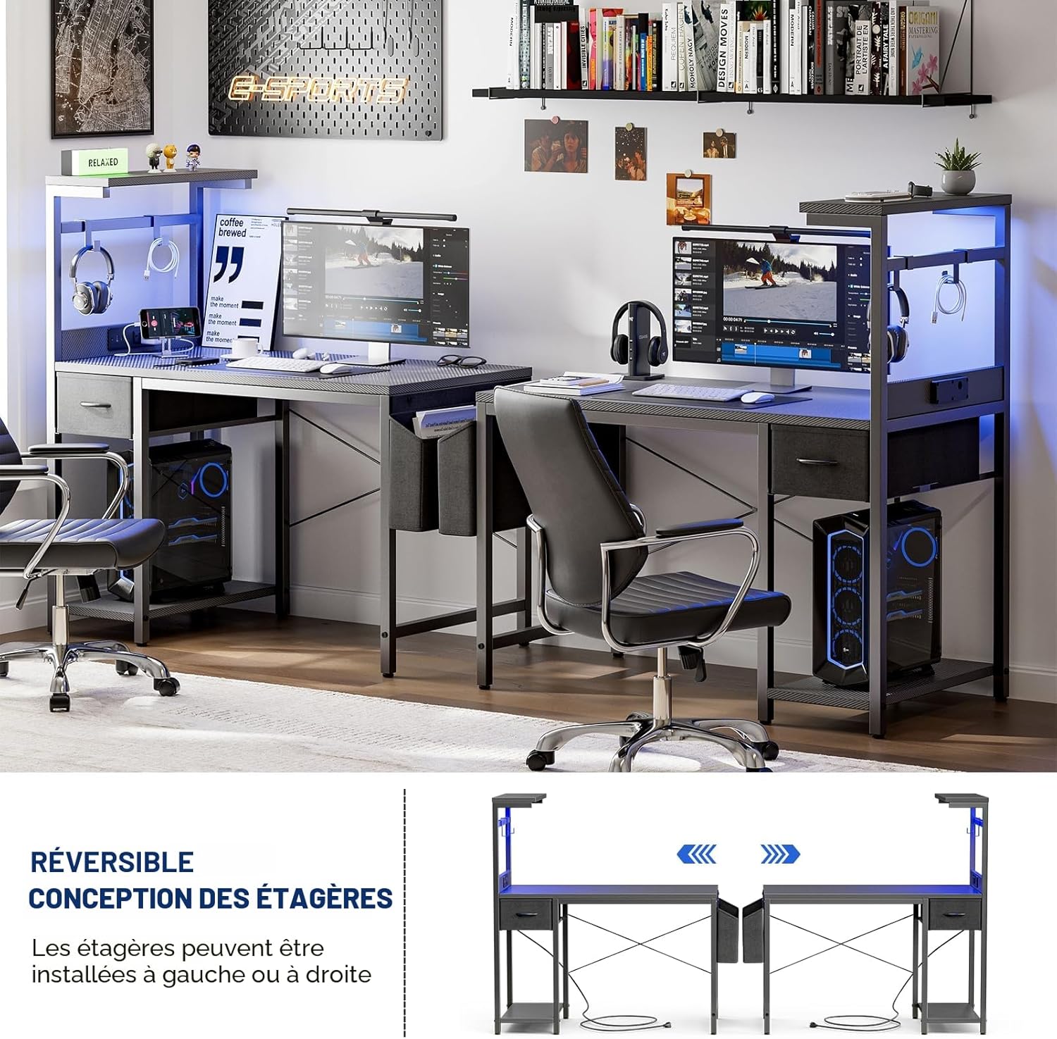Grandder Bureau de gaming, Bureau de jeu de 120 cm avec prise de courant et éclairage LED