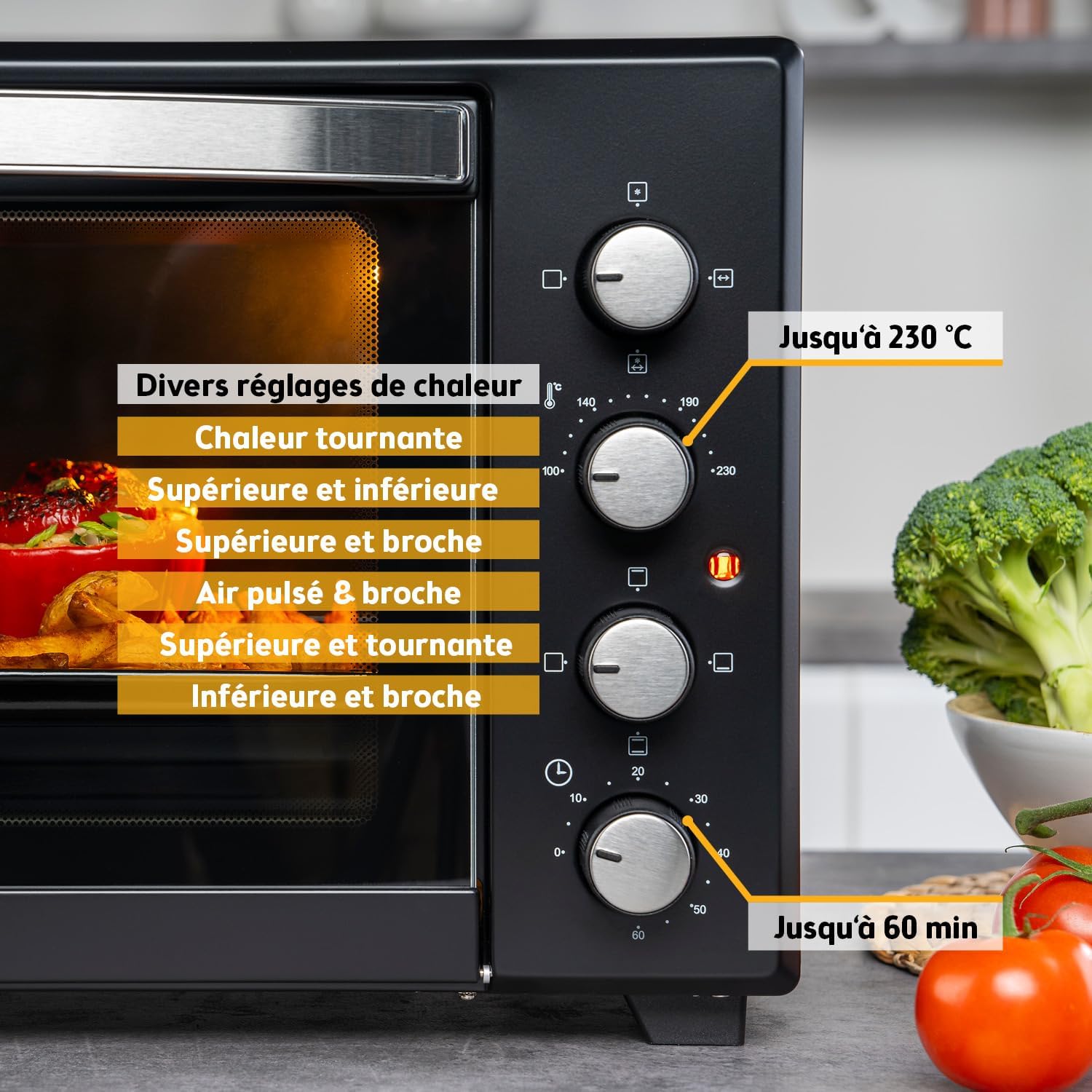 First Austria - Mini-Four 45L 2000W - Avec 4 hauteurs d'insertion, plaque, grille & tournebroche rotatif