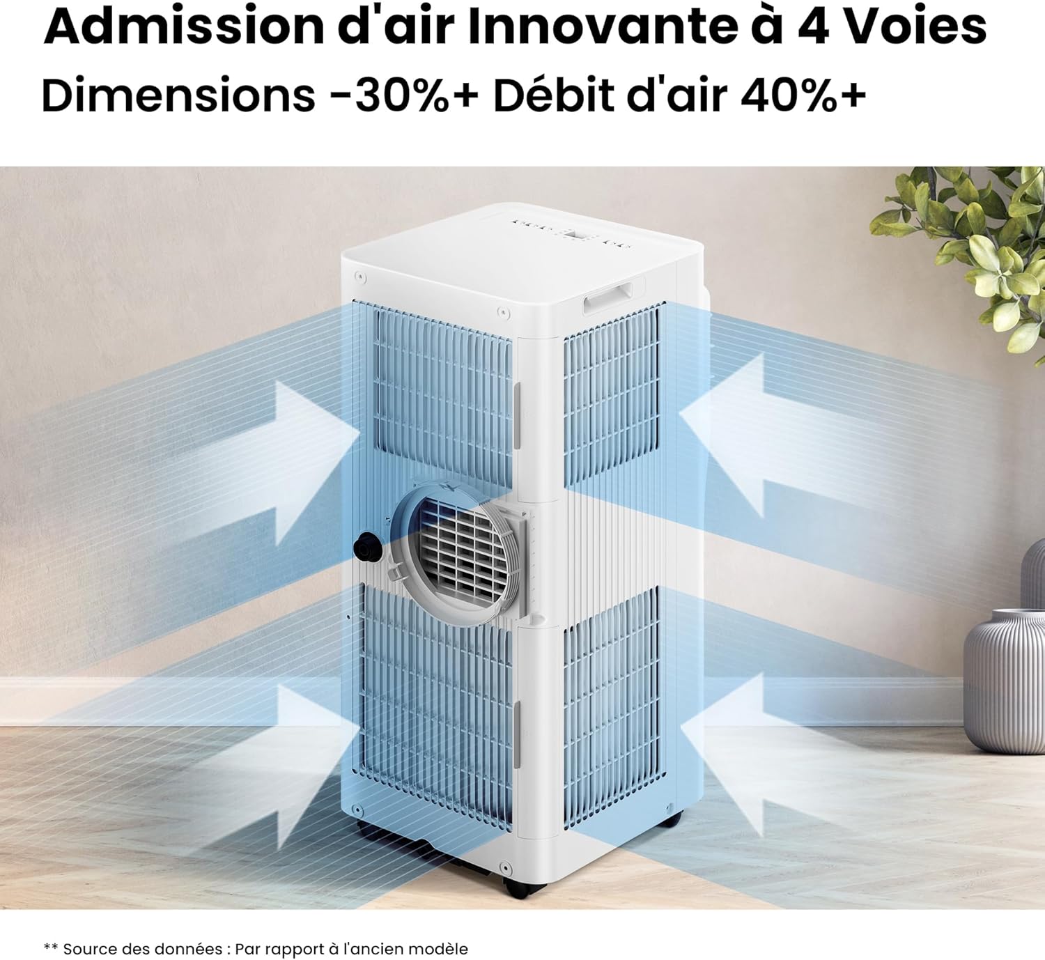 Climatiseur Mobile 9000 BTU/h 2,6kW, Contrôle APP, 3 Modes, 3 Vitesses de ventilation