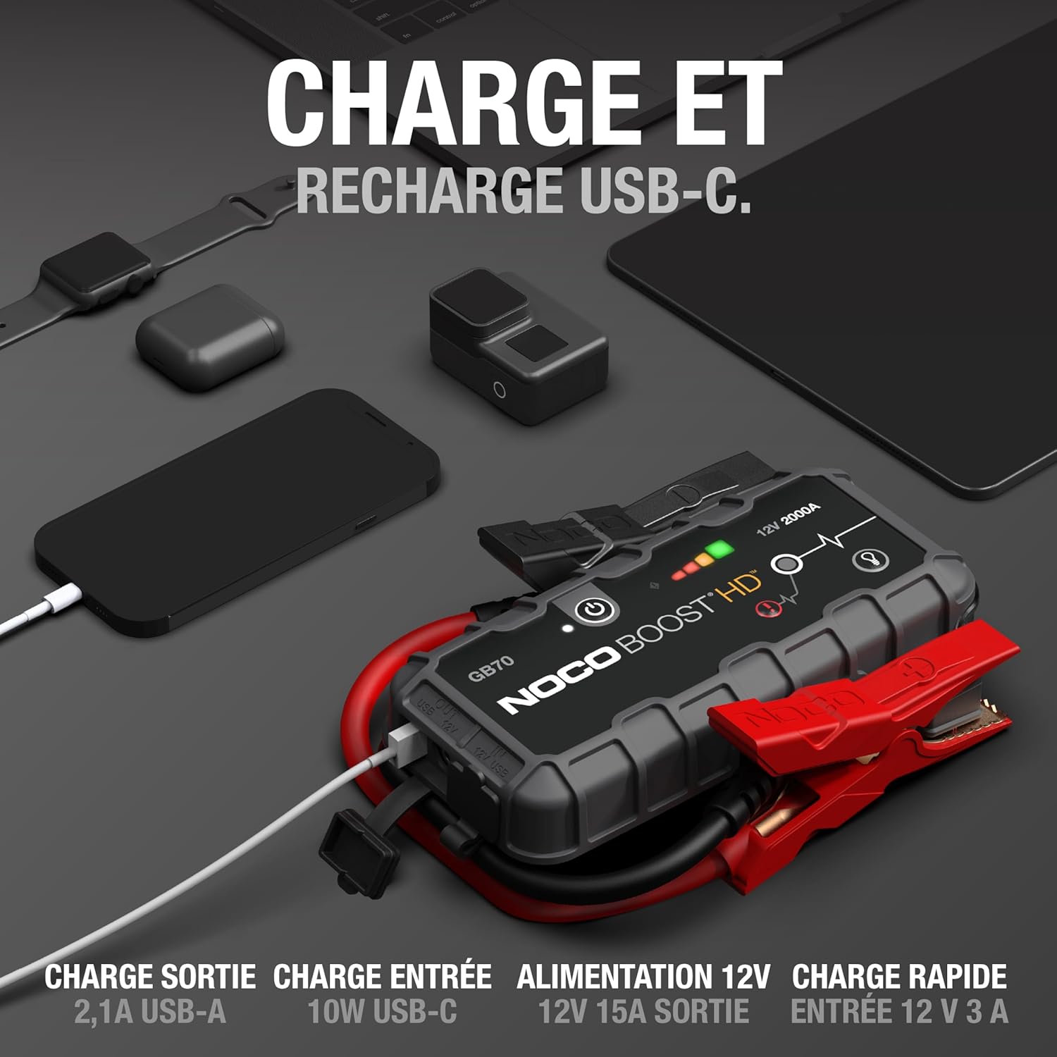 Booster de batterie portable GB70 UltraSafe 2000A, démarreur d'urgence pour batterie au lithium 12 V