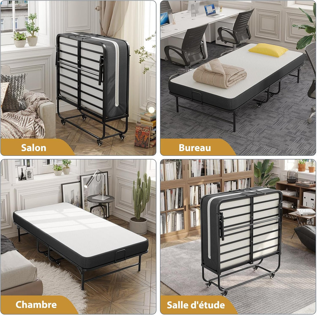 Lit Pliant 1 Personne 90x200 cm avec Matelas et 4 roulettes, Noir