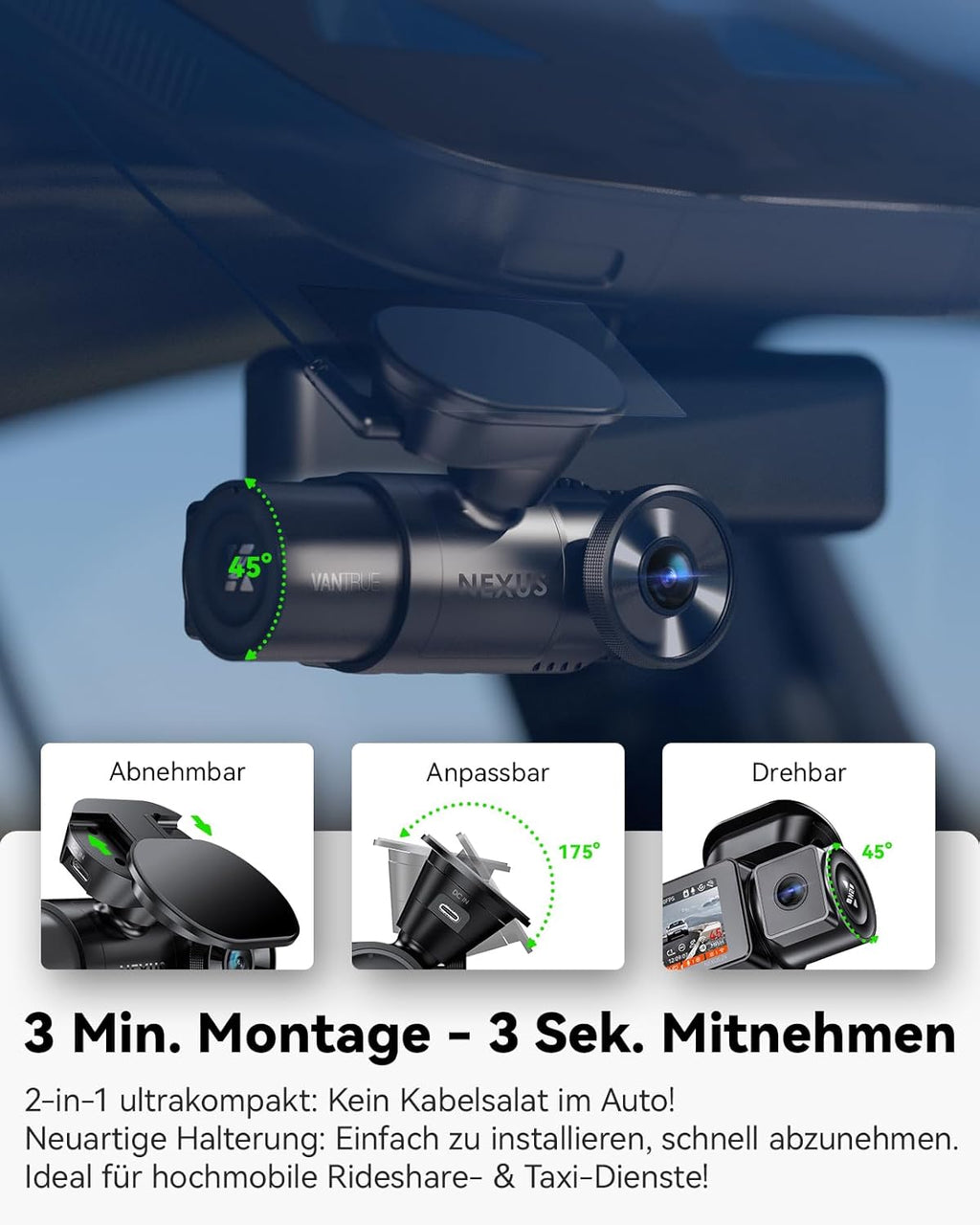 N2X 2.7K+1080P Dashcam Voiture Avant Intérieur, Support LTE, 5GHz WiFi GPS, APP & Commande Vocale