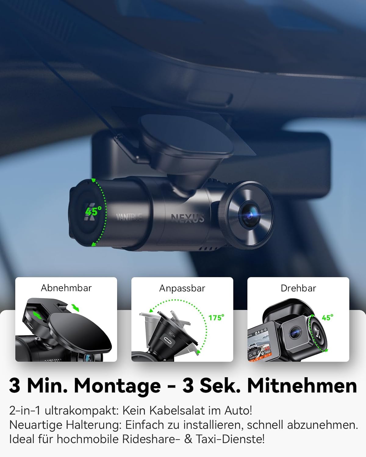 N2X 2.7K+1080P Dashcam Voiture Avant Intérieur, Support LTE, 5GHz WiFi GPS, APP & Commande Vocale