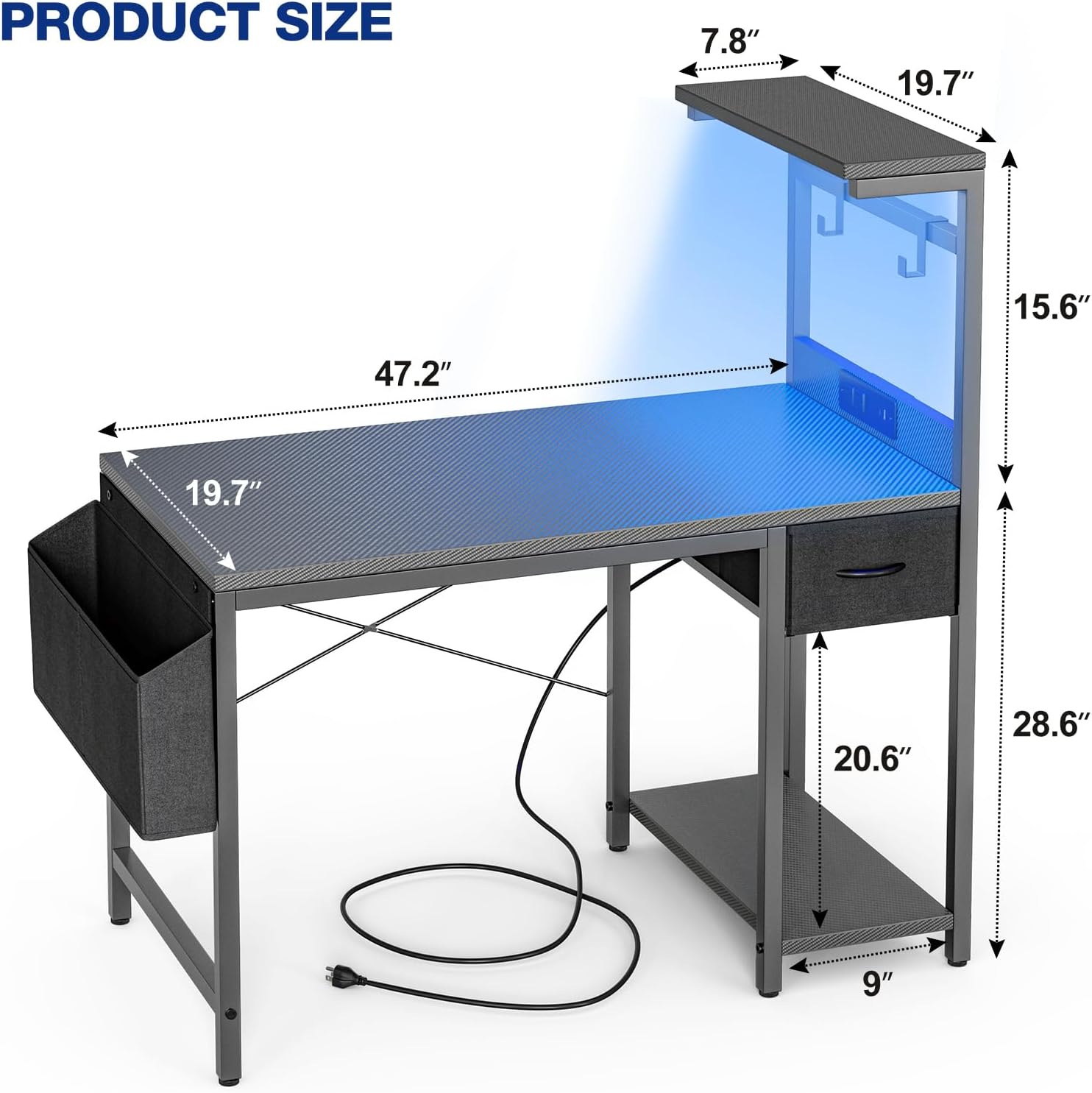 Grandder Bureau de gaming, Bureau de jeu de 120 cm avec prise de courant et éclairage LED