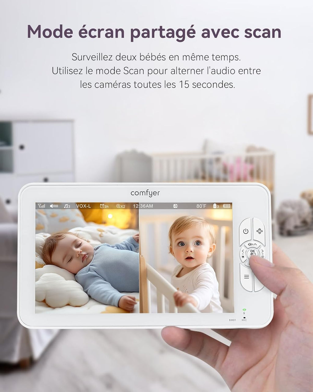 BM01 Babyphone - 2 Caméras 1080P, 7″ Écran Divisé, Moniteur Bébé sans WiFi, PTZ à Distance