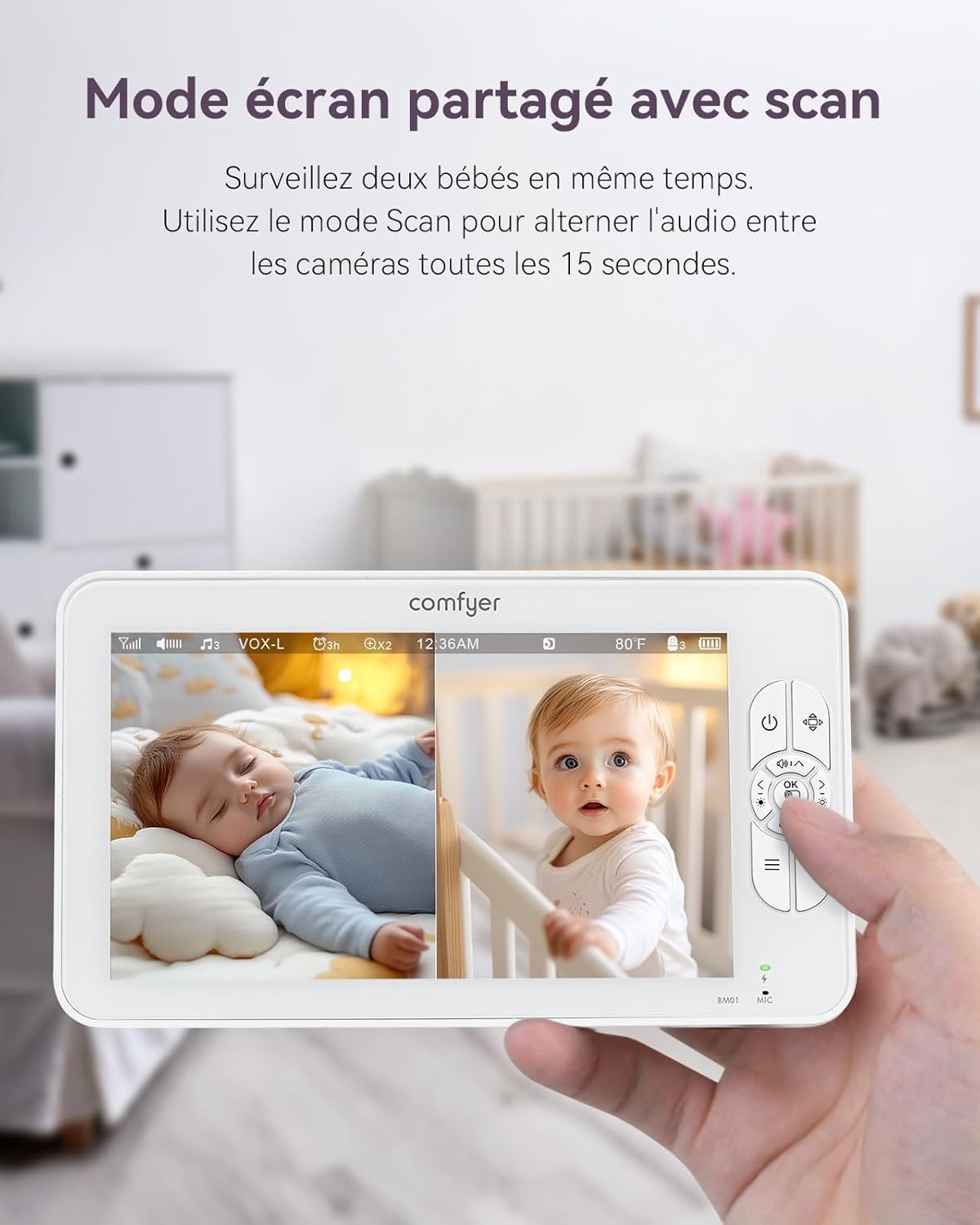 BM01 Babyphone - 2 Caméras 1080P, 7″ Écran Divisé, Moniteur Bébé sans WiFi, PTZ à Distance