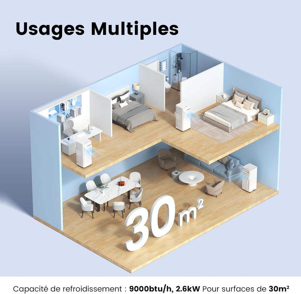 Climatiseur Mobile 9000 BTU/h 2,6kW, Contrôle APP, 3 Modes, 3 Vitesses de ventilation