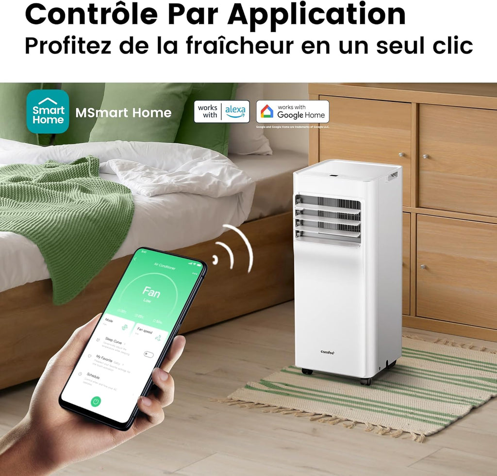 Climatiseur Mobile 9000 BTU/h 2,6kW, Contrôle APP, 3 Modes, 3 Vitesses de ventilation