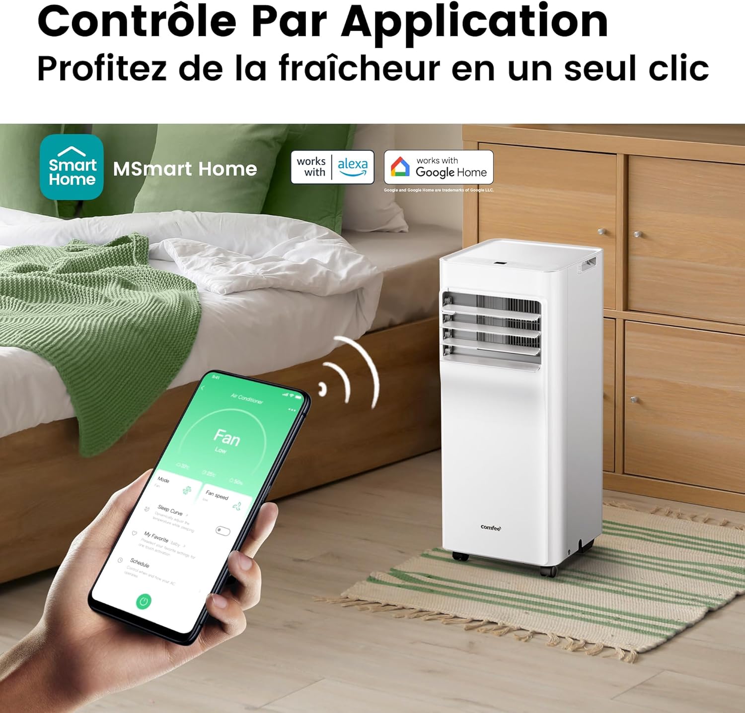 Climatiseur Mobile 9000 BTU/h 2,6kW, Contrôle APP, 3 Modes, 3 Vitesses de ventilation