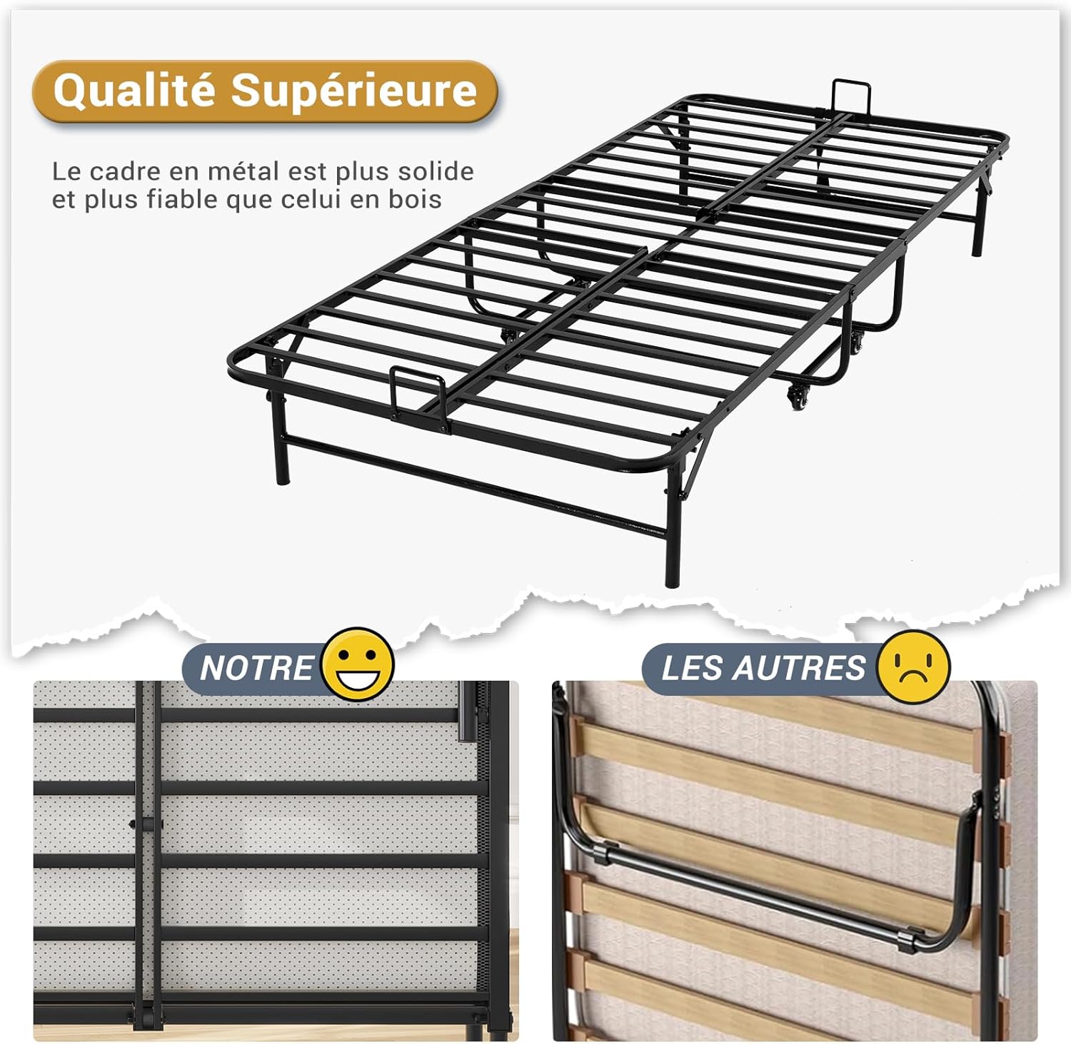 Lit Pliant 1 Personne 90x200 cm avec Matelas et 4 roulettes, Noir