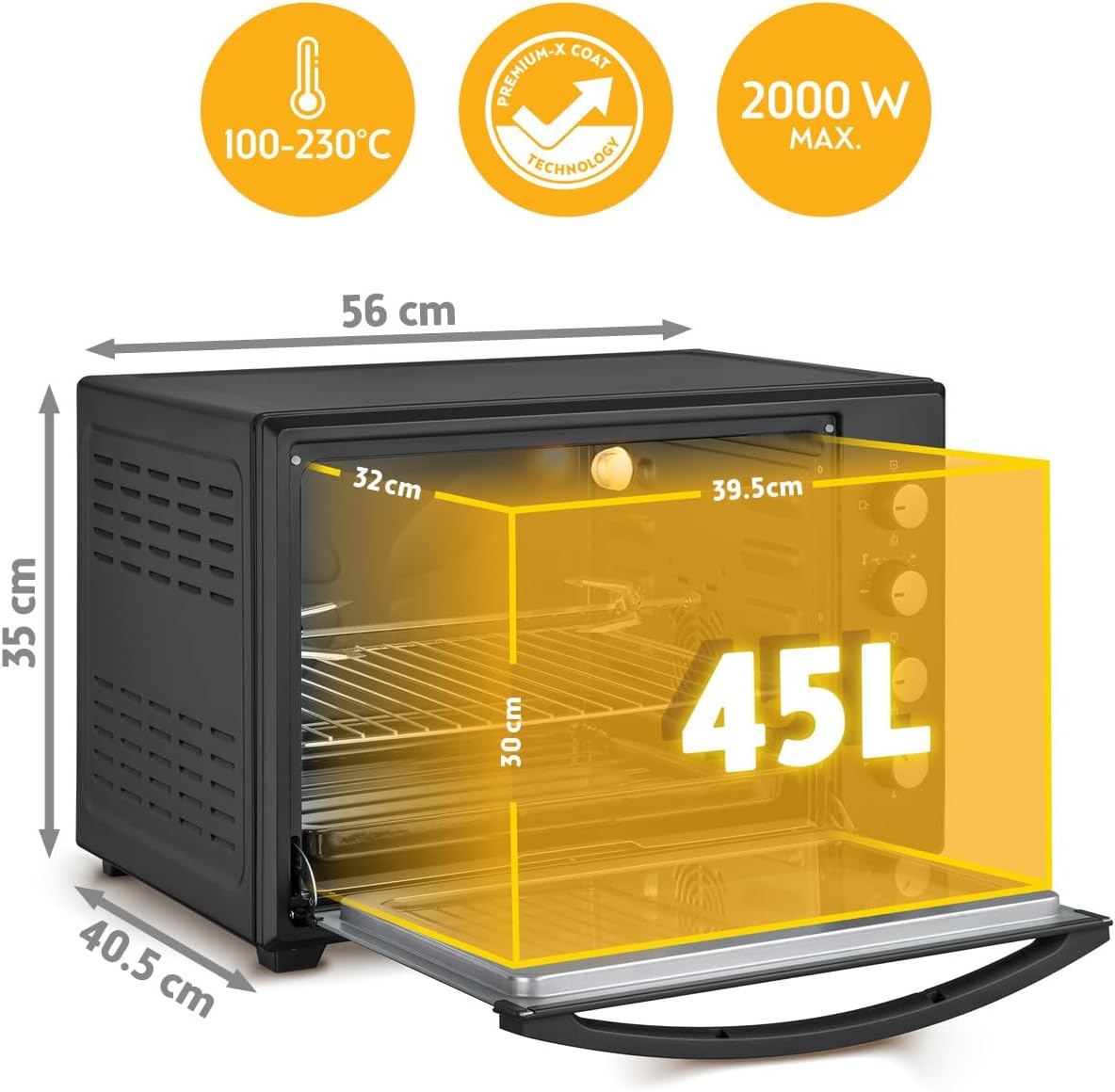 First Austria - Mini-Four 45L 2000W - Avec 4 hauteurs d'insertion, plaque, grille & tournebroche rotatif