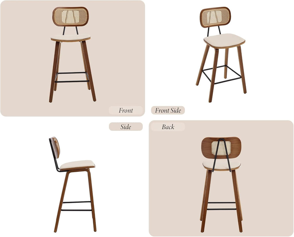 Tabourets de bar en rotin et bois - ensemble de deux pièces, avec coussins en cuir PU, beige