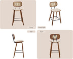 Tabourets de bar en rotin et bois - ensemble de deux pièces, avec coussins en cuir PU, beige