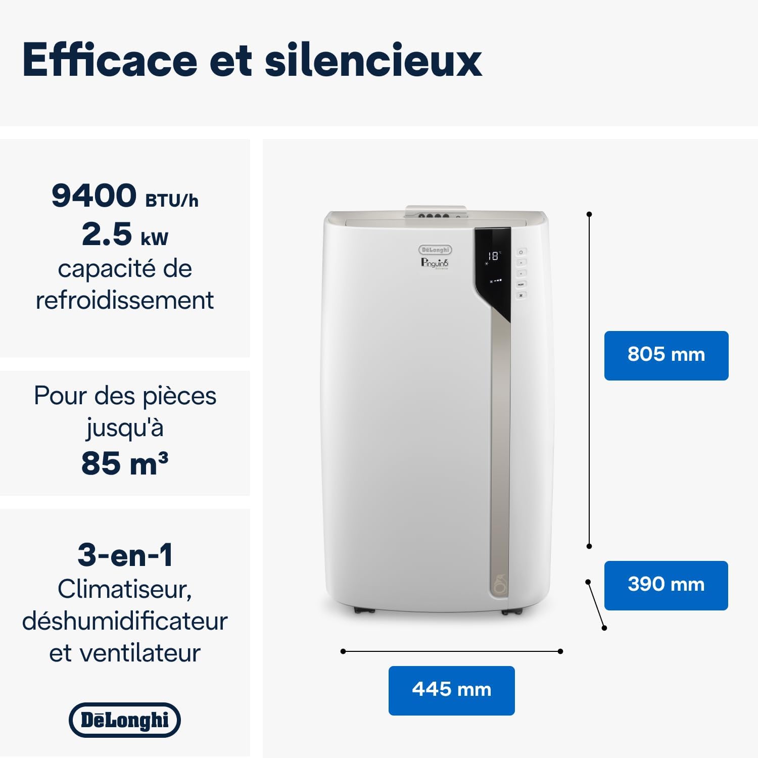 Pinguino PAC EX93 Climatiseur mobile, avec tuyau d'échappement, 3 vitesses de ventilation