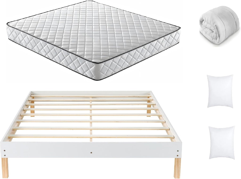 Matelas 2 Personnes 140x190CM avec 2xOreillers et Couette et Cadre de lit en Bois, Epaisseur 14CM