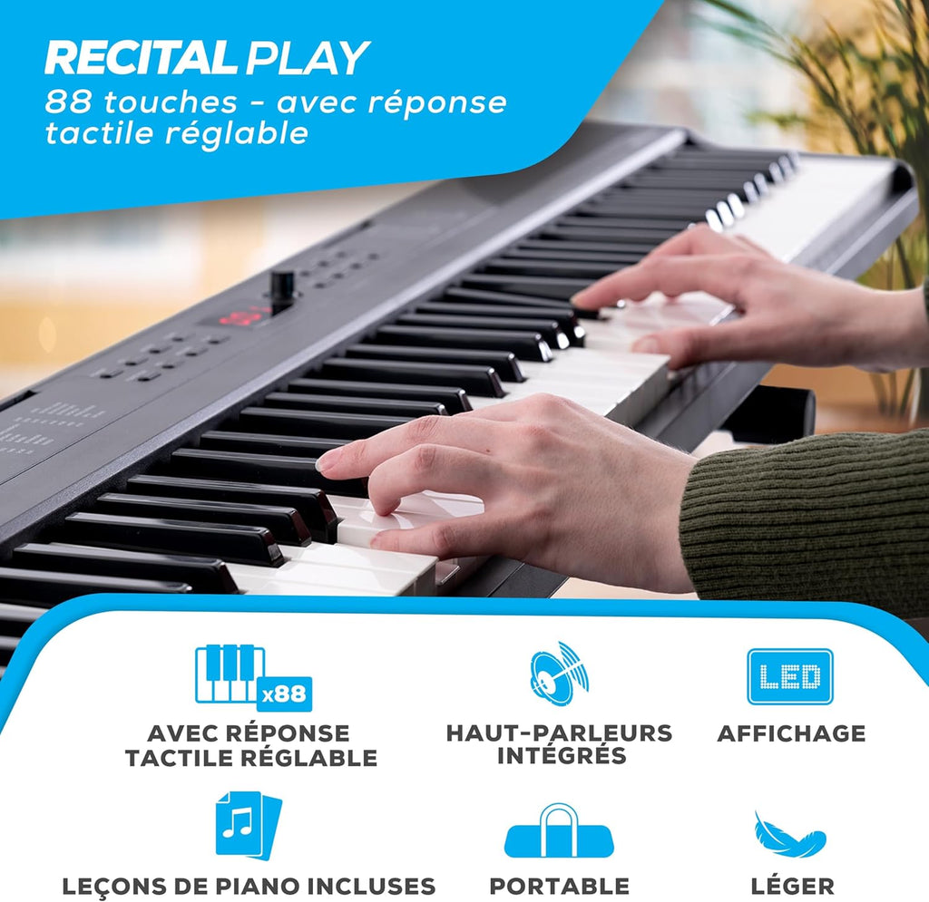 Piano Numérique 88 Touches avec 480 Sons, Haut-Parleurs, Sac de Transport, Support, Casque