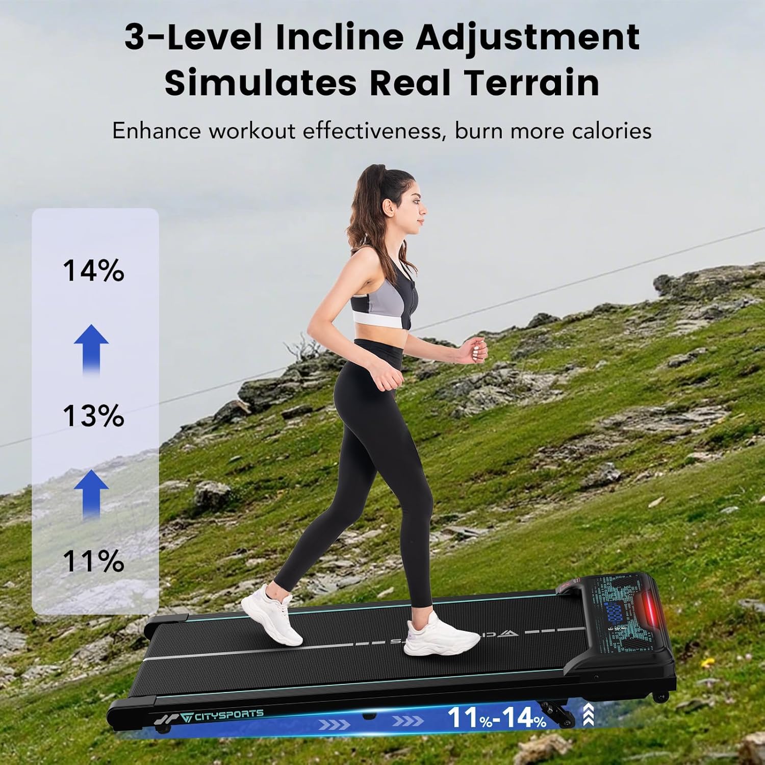 Tapis de Course Électrique Inclinable 11–14%, Écran LED, avec Télécommande