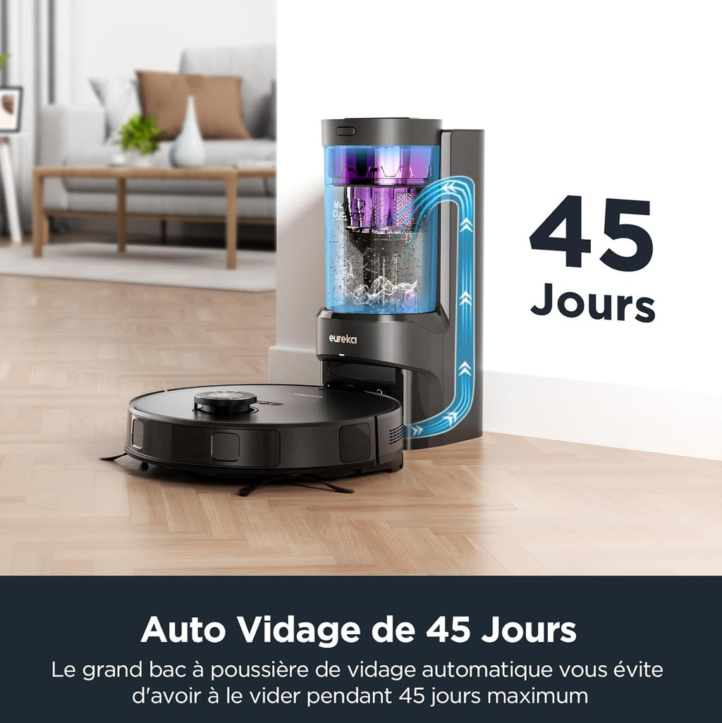 E10s Robot Aspirateur Laveur avec Station Écologique sans Sac Vidage Automatique de Poussière, 4000 Pa