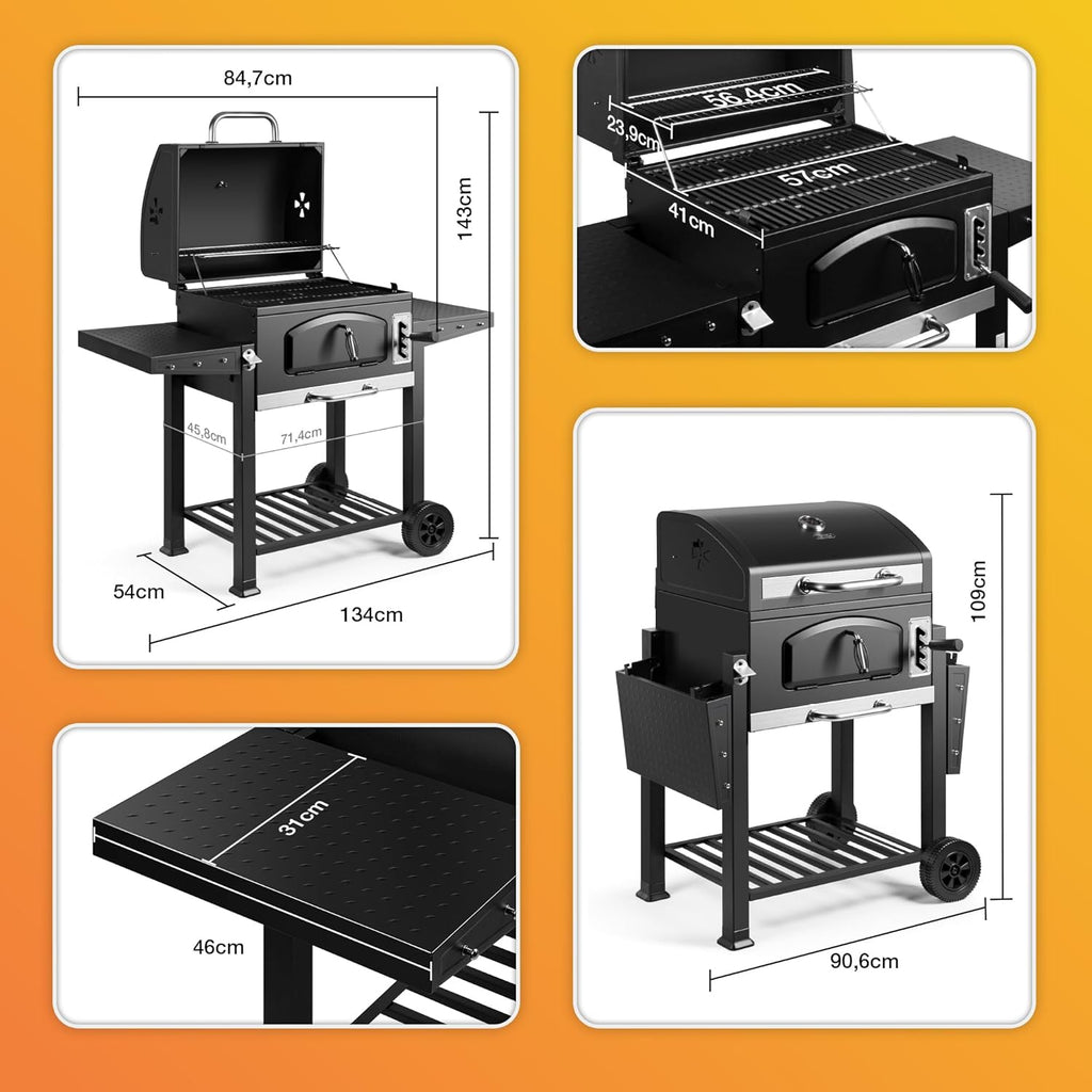 Barbecue au Charbon XL – avec Grille de Maintien au Chaud, Tablettes Rabattables, Thermomètre, Roues