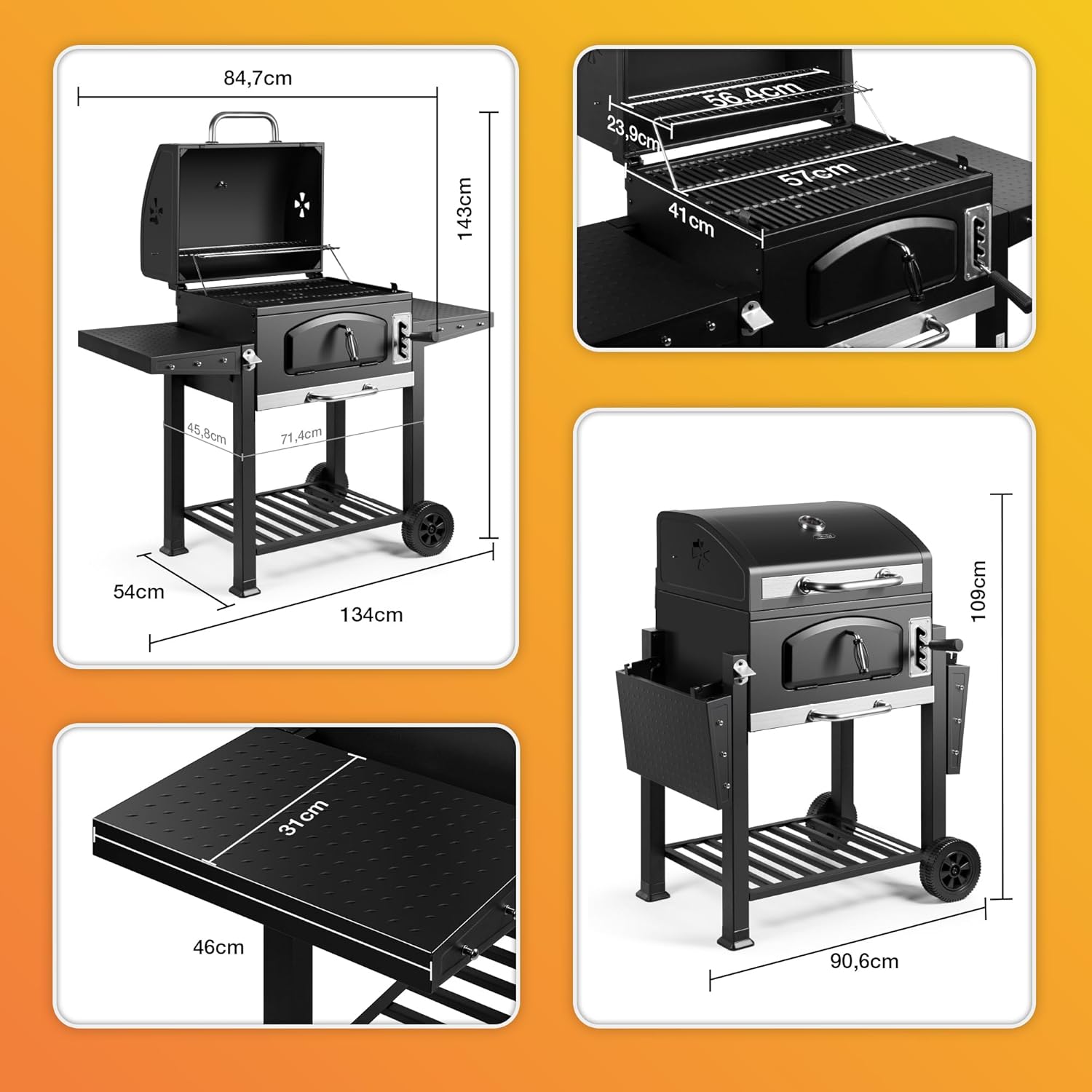 Barbecue au Charbon XL – avec Grille de Maintien au Chaud, Tablettes Rabattables, Thermomètre, Roues