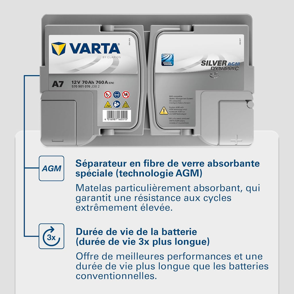 Batterie de démarrage XEV Silver Dynamic AGM L3 A7 12V 70Ah / 760A 570901076