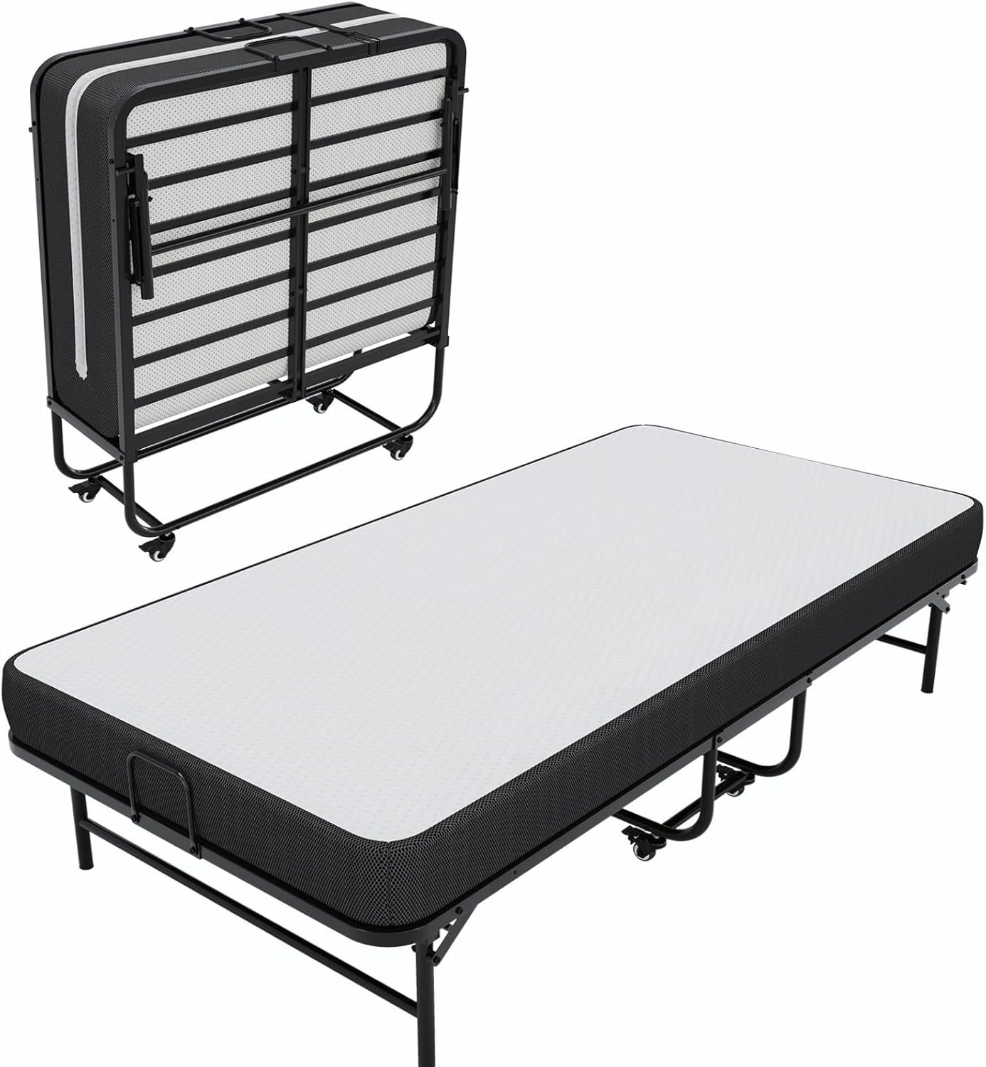 Lit Pliant 1 Personne 90x200 cm avec Matelas et 4 roulettes, Noir