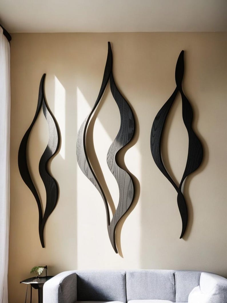 Ensemble de 3 panneaux de décoration murale en bois, lignes géométriques abstraites, art moderne pour salon chambre bureau