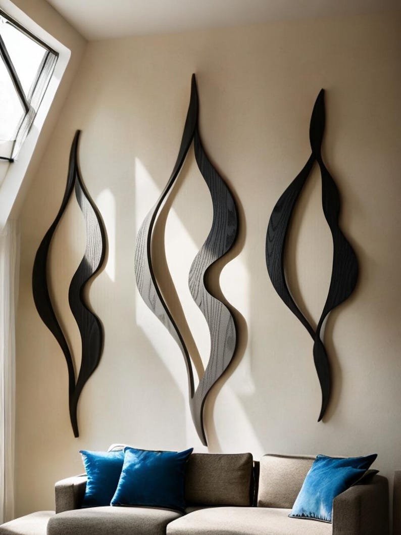 Ensemble de 3 panneaux de décoration murale en bois, lignes géométriques abstraites, art moderne pour salon chambre bureau