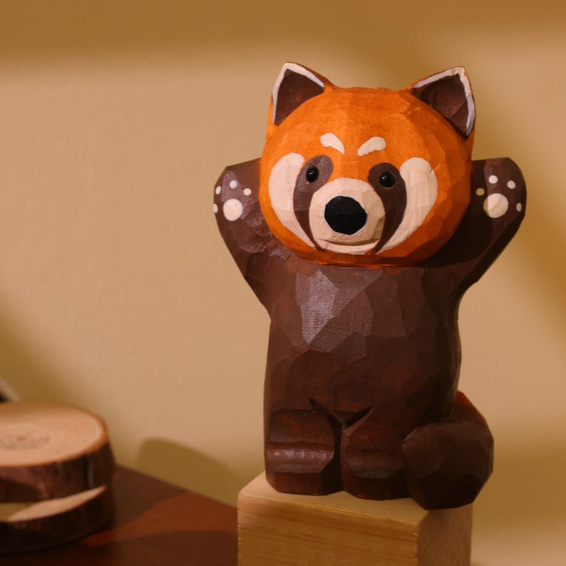 Figurine de panda roux en bois, mini statue décorative pour étagère, artisanat animalier