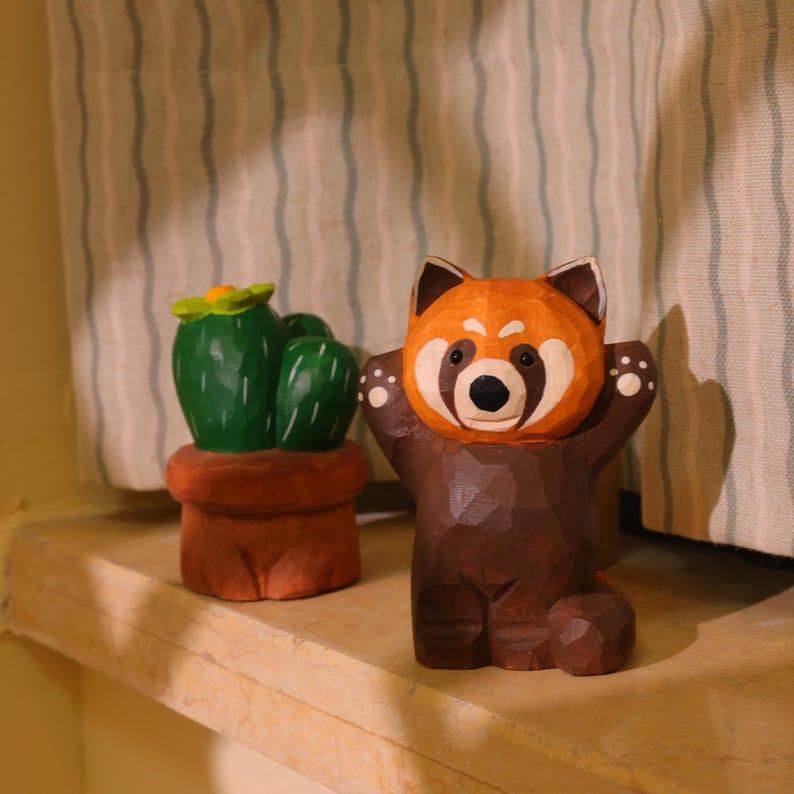 Figurine de panda roux en bois, mini statue décorative pour étagère, artisanat animalier