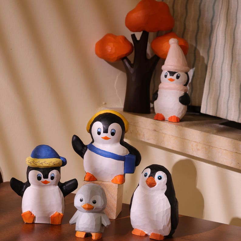 Figurine de pingouin en bois fait main, décoration d'étagère artisanale