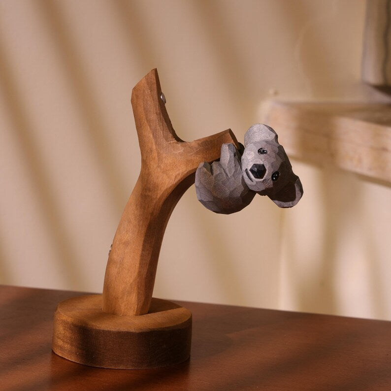 Koala en bois sculpté à la main, statue décorative de koala, décoration d'étagère