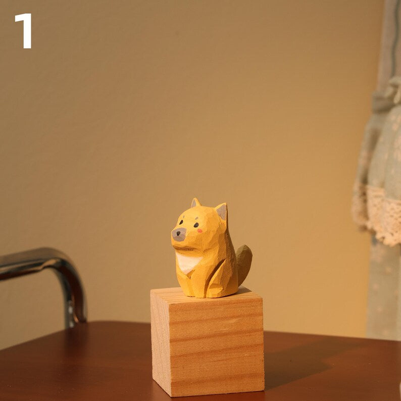 Figurine animalière en bois – Shiba Inu, chat, lapin, ours – Décoration d'étagère artisanale