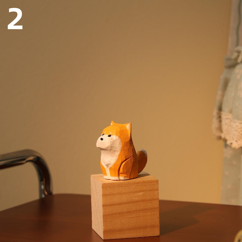 Figurine animalière en bois – Shiba Inu, chat, lapin, ours – Décoration d'étagère artisanale