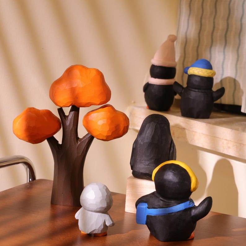 Figurine de pingouin en bois fait main, décoration d'étagère artisanale