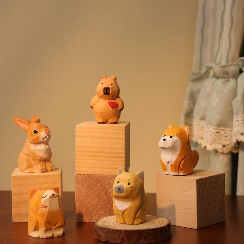 Figurine animalière en bois – Shiba Inu, chat, lapin, ours – Décoration d'étagère artisanale