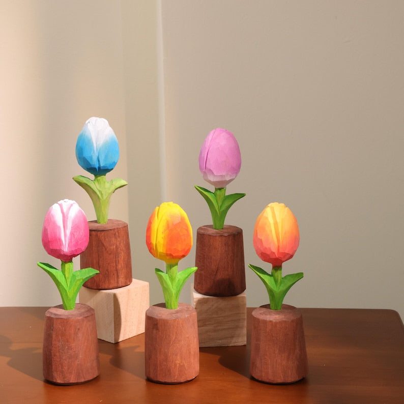 Tulipe en bois artisanale, décoration de bureau fleur en bois, ornement de maison